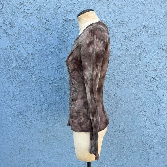 Y2k Tie Dye Waffle Knit Shirt Thermal embellished ed hardy style Large - Picture 4 of 8